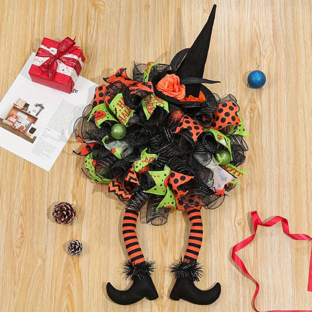 Halloween Witch Mesh Wreath – Whimsical Front Door Wreath for Spooky Season Decor 1