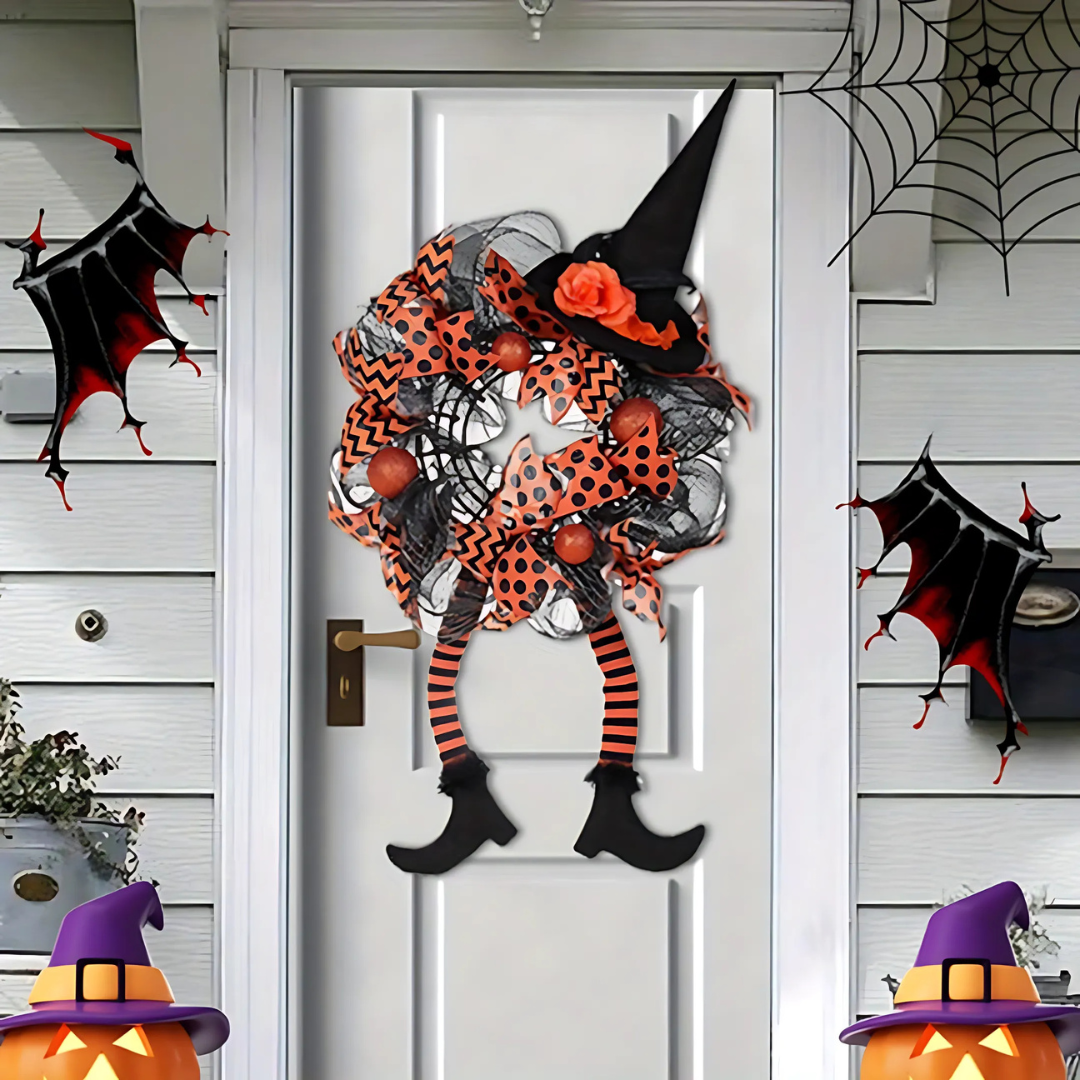 Halloween Witch Mesh Wreath – Whimsical Front Door Wreath for Spooky Season Decor 2