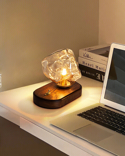 RusticLume – Amber Glass and Wooden Table Lamp