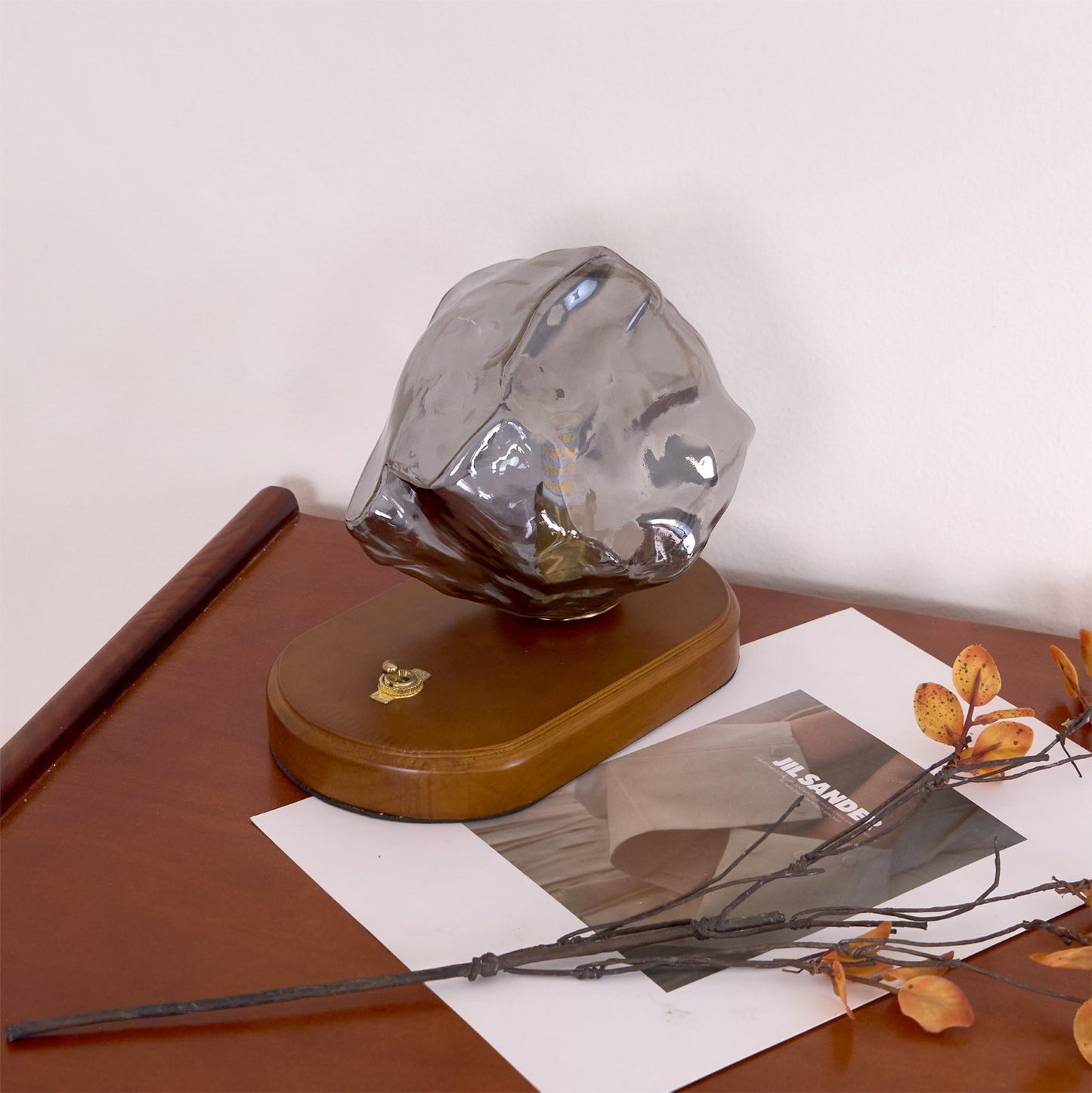 RusticLume – Amber Glass and Wooden Table Lamp