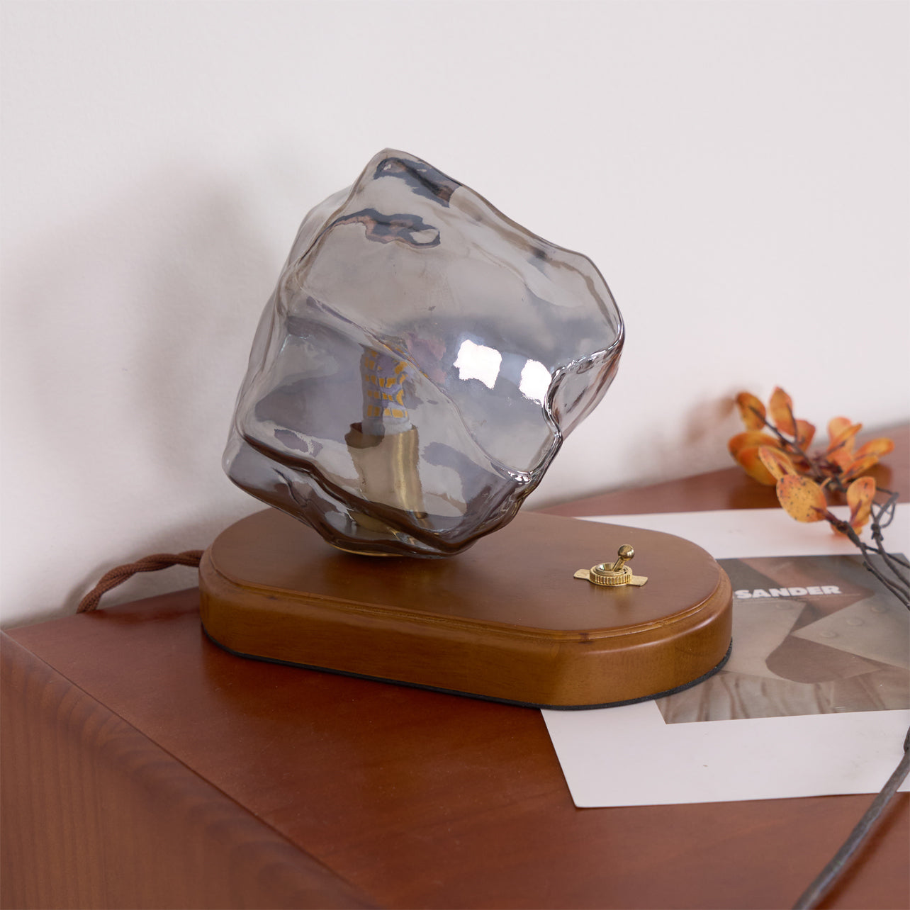 RusticLume – Amber Glass and Wooden Table Lamp
