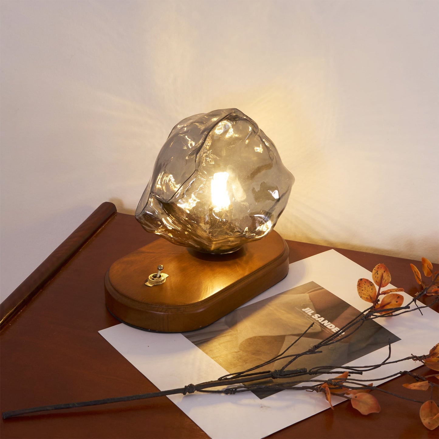 RusticLume – Amber Glass and Wooden Table Lamp