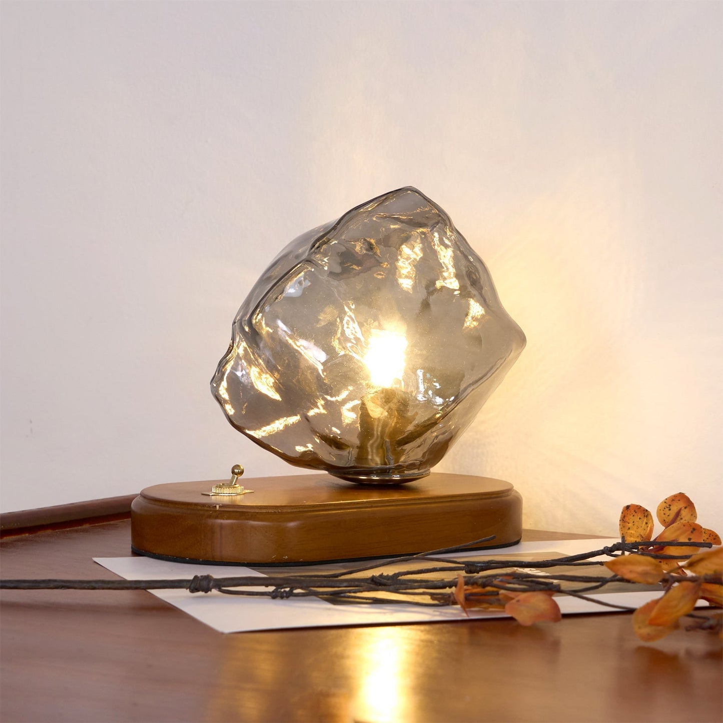 RusticLume – Amber Glass and Wooden Table Lamp