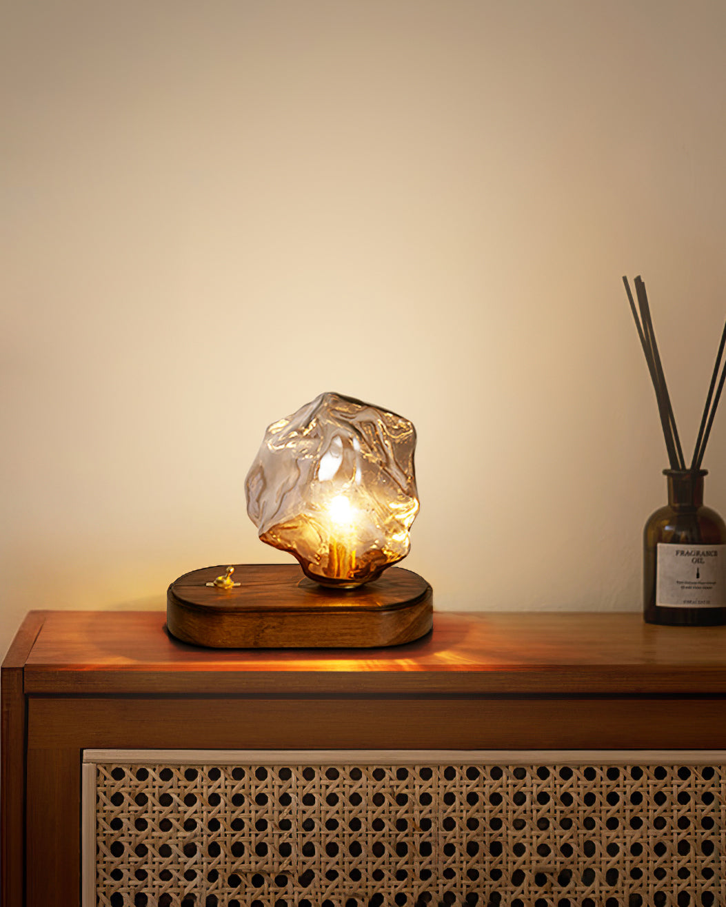 RusticLume – Amber Glass and Wooden Table Lamp