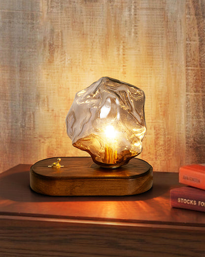 RusticLume – Amber Glass and Wooden Table Lamp