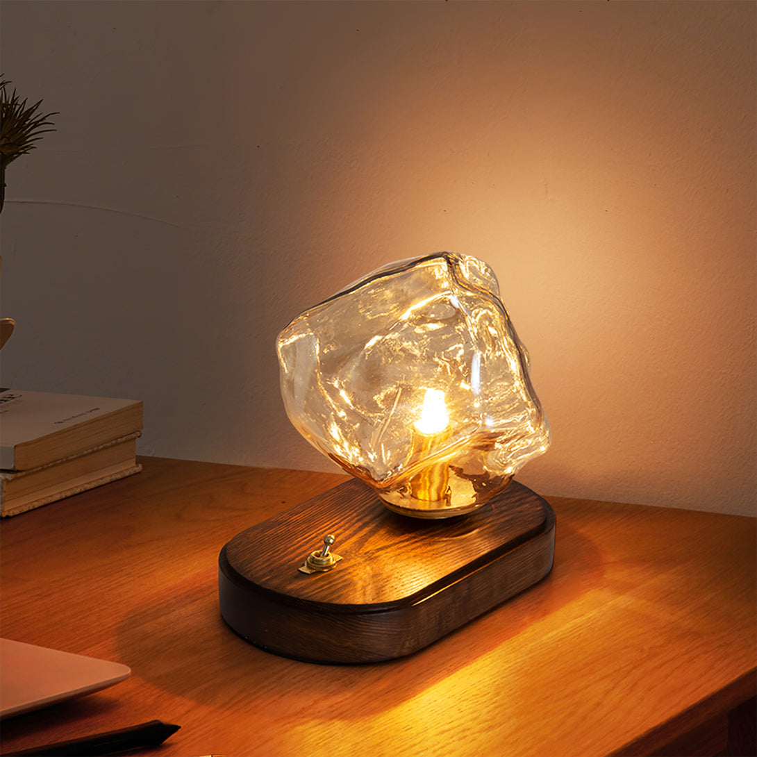 RusticLume – Amber Glass and Wooden Table Lamp
