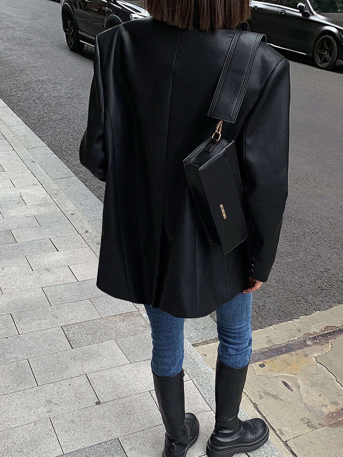 Lapel Pockets Leather Blazer 2