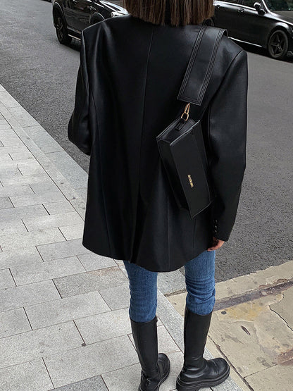 Lapel Pockets Leather Blazer 2