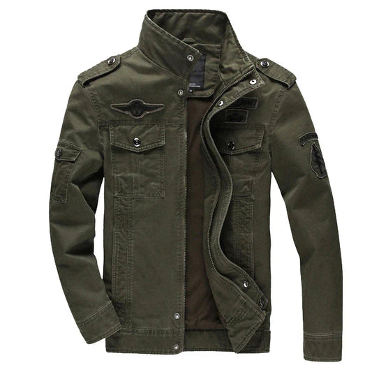 Men's Military Style Jacket – Army Green Polyester Casual Winter Coat with Stand-Up Collar 0