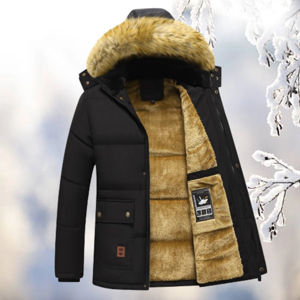Men's Quilted Parka Coat with Fleece Lining and Faux Fur Hood – Relaxed Fit for Winter 0