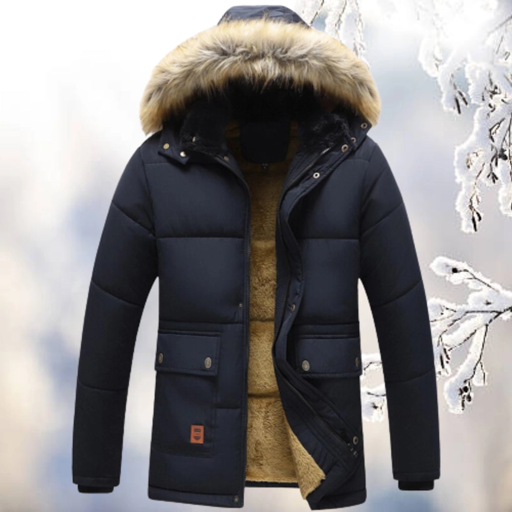 Men's Quilted Parka Coat with Fleece Lining and Faux Fur Hood – Relaxed Fit for Winter 2