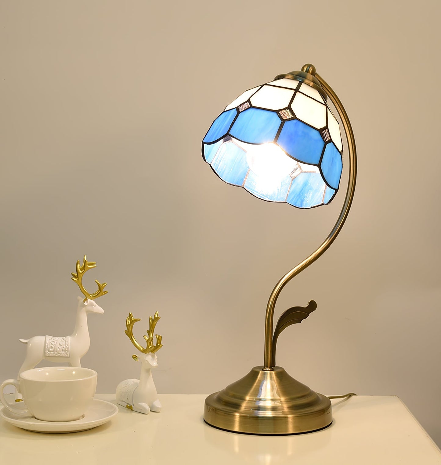 LuxePetal – White and Blue Glass Floral Table Lamp in Gold