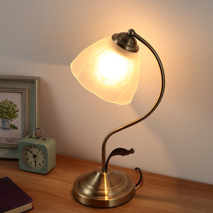 LuxePetal – White and Blue Glass Floral Table Lamp in Gold