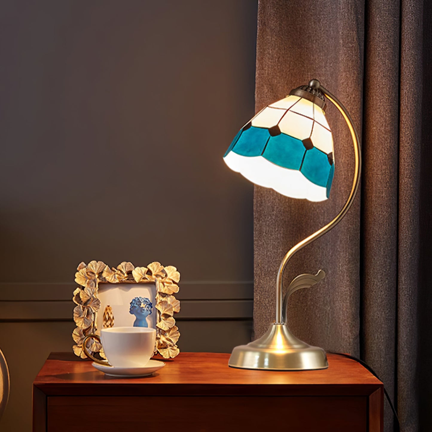 LuxePetal – White and Blue Glass Floral Table Lamp in Gold