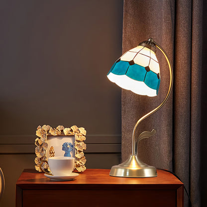 LuxePetal – White and Blue Glass Floral Table Lamp in Gold