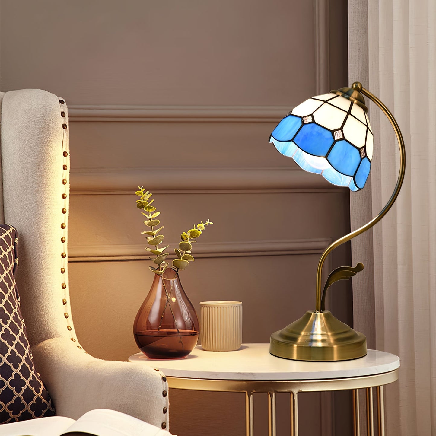 LuxePetal – White and Blue Glass Floral Table Lamp in Gold