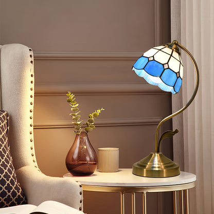 LuxePetal – White and Blue Glass Floral Table Lamp in Gold