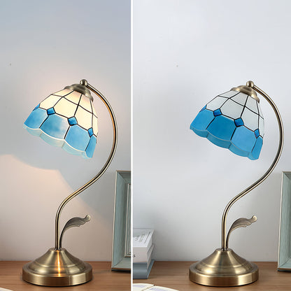 LuxePetal – White and Blue Glass Floral Table Lamp in Gold