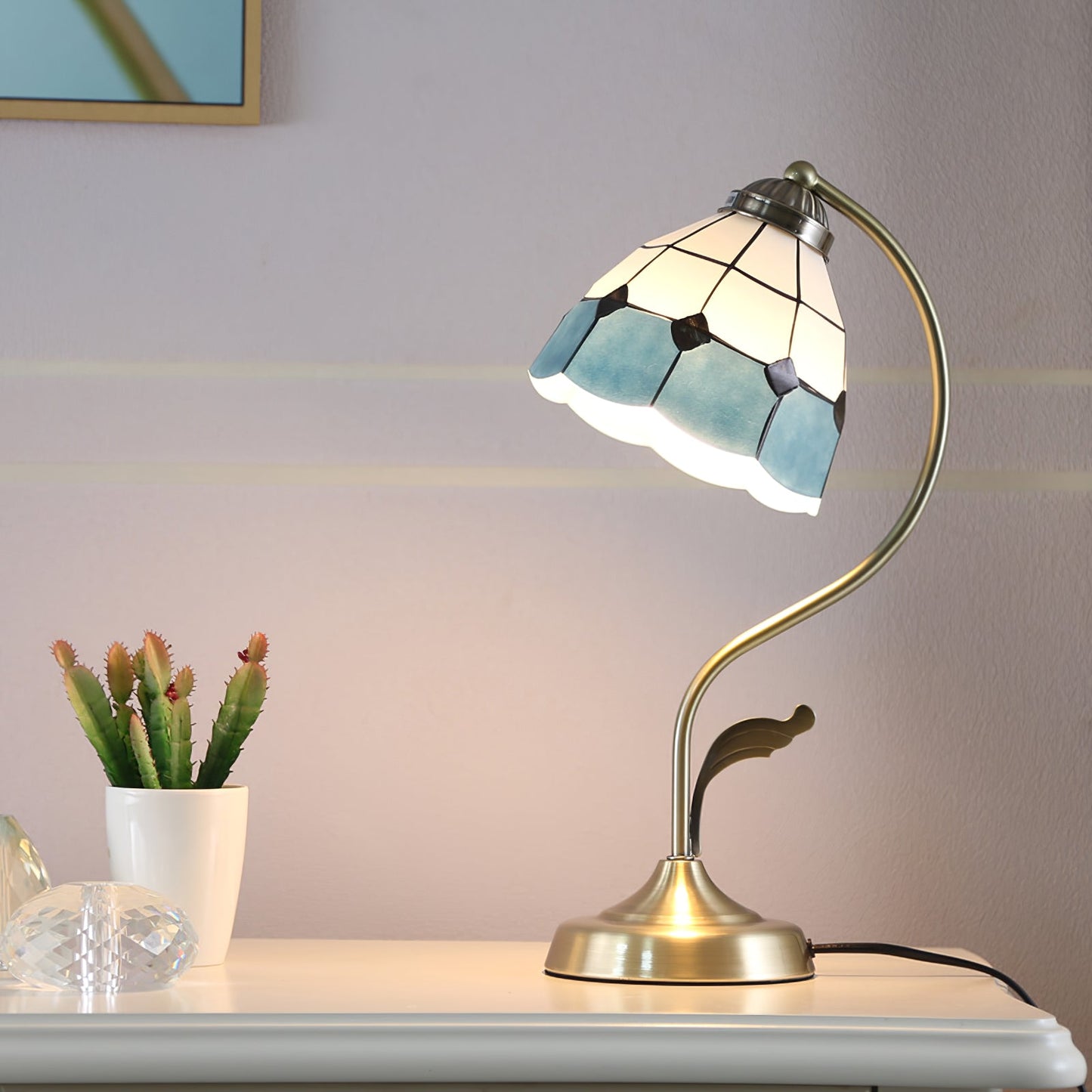 LuxePetal – White and Blue Glass Floral Table Lamp in Gold