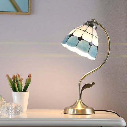 LuxePetal – White and Blue Glass Floral Table Lamp in Gold