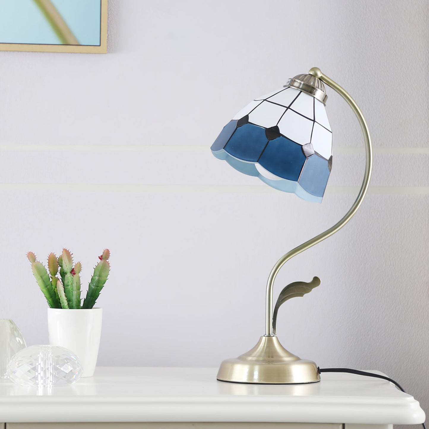 LuxePetal – White and Blue Glass Floral Table Lamp in Gold