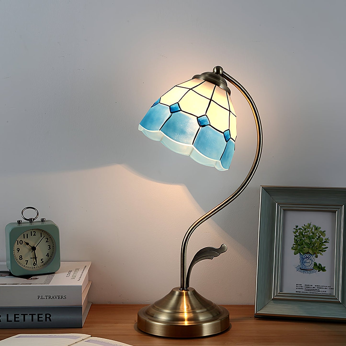 LuxePetal – White and Blue Glass Floral Table Lamp in Gold