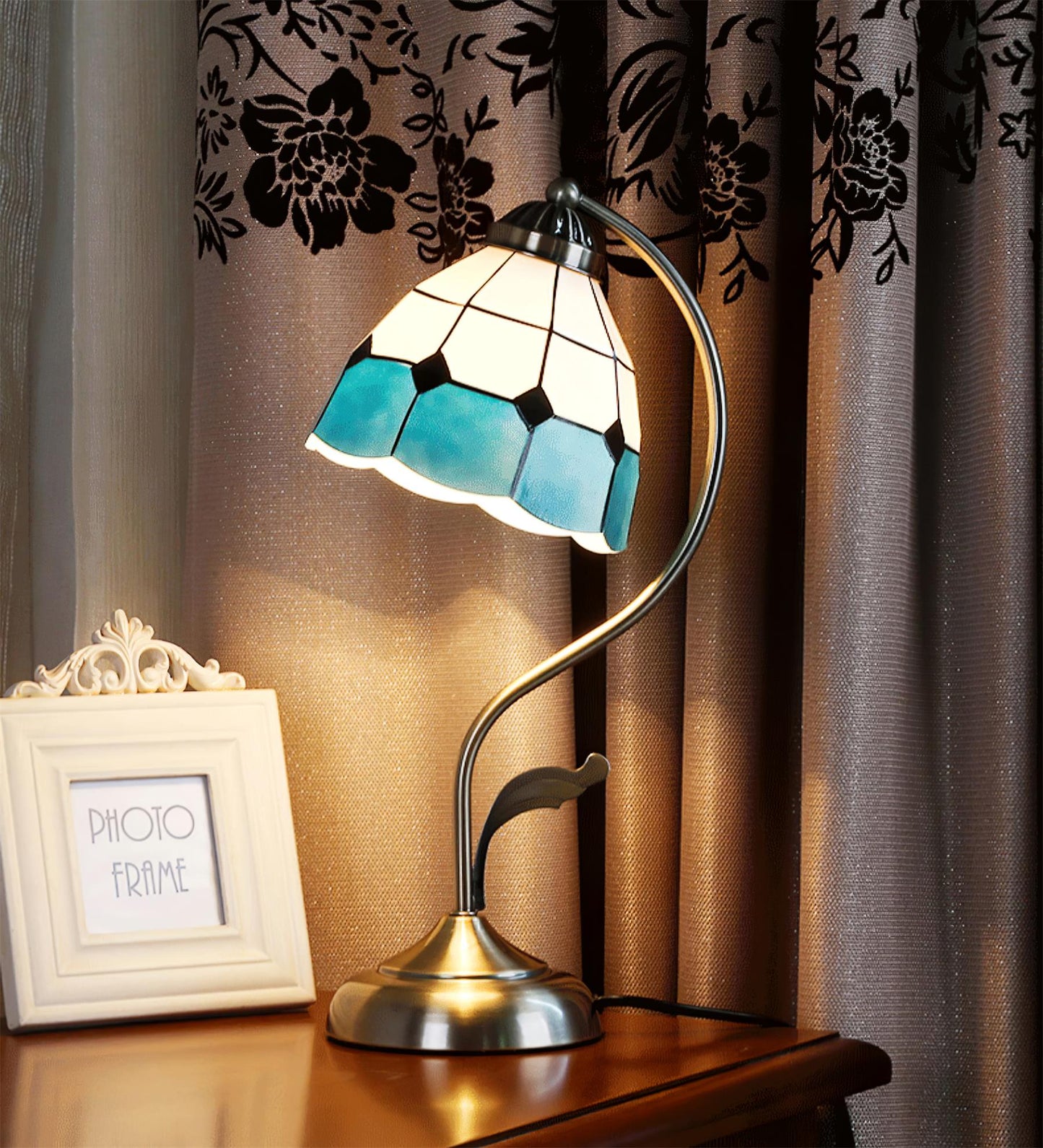 LuxePetal – White and Blue Glass Floral Table Lamp in Gold