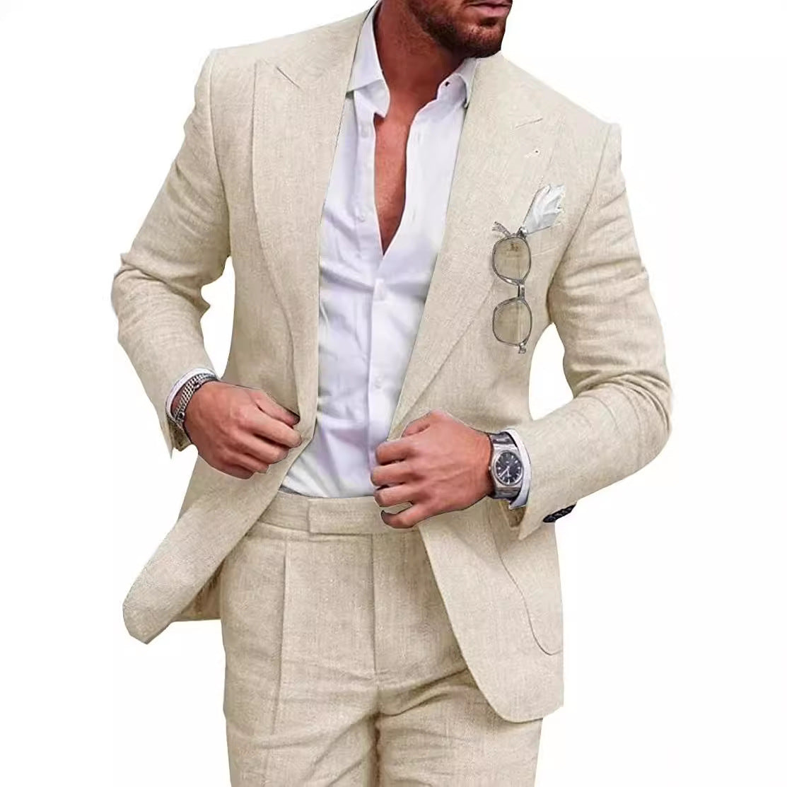 Men's Stylish Slim-Fit Linen Suiti for Formal Events