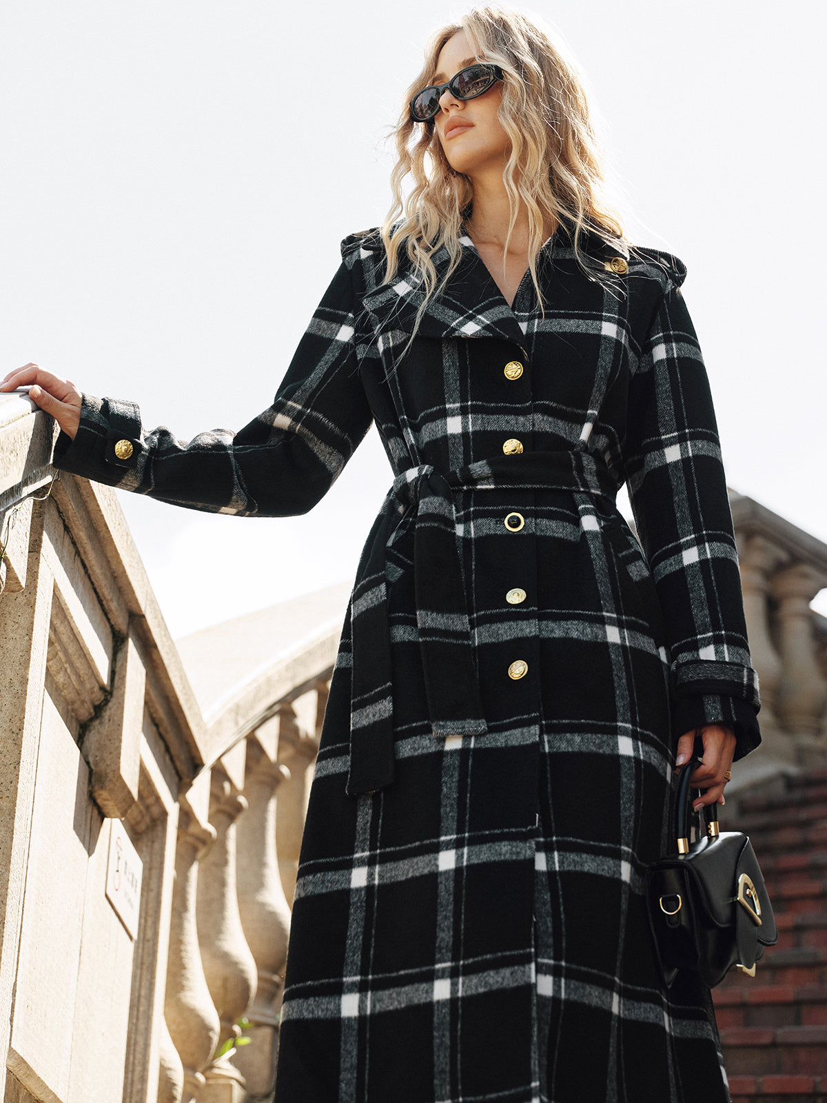 Plaid Belted Wool Blend Trench Coat 1