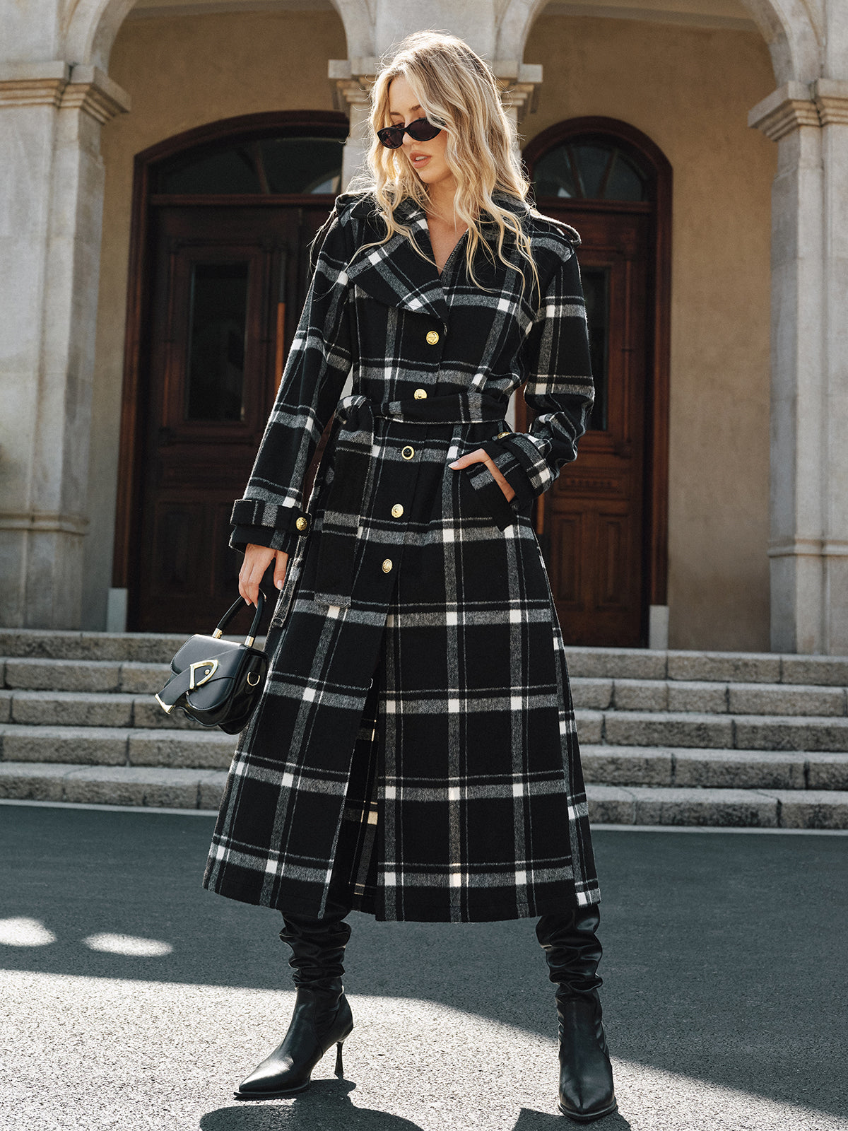 Plaid Belted Wool Blend Trench Coat 3