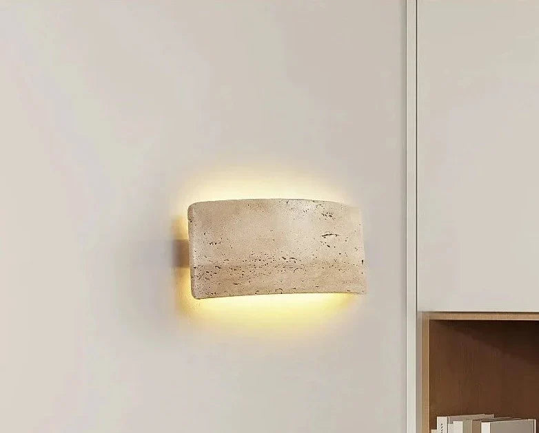 AuraGlow – Contemporary Wall Light Featuring Travertine and Glass