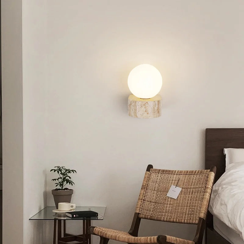 GlobeBeam – Modern Wall Lamp Made from Glass and Travertine
