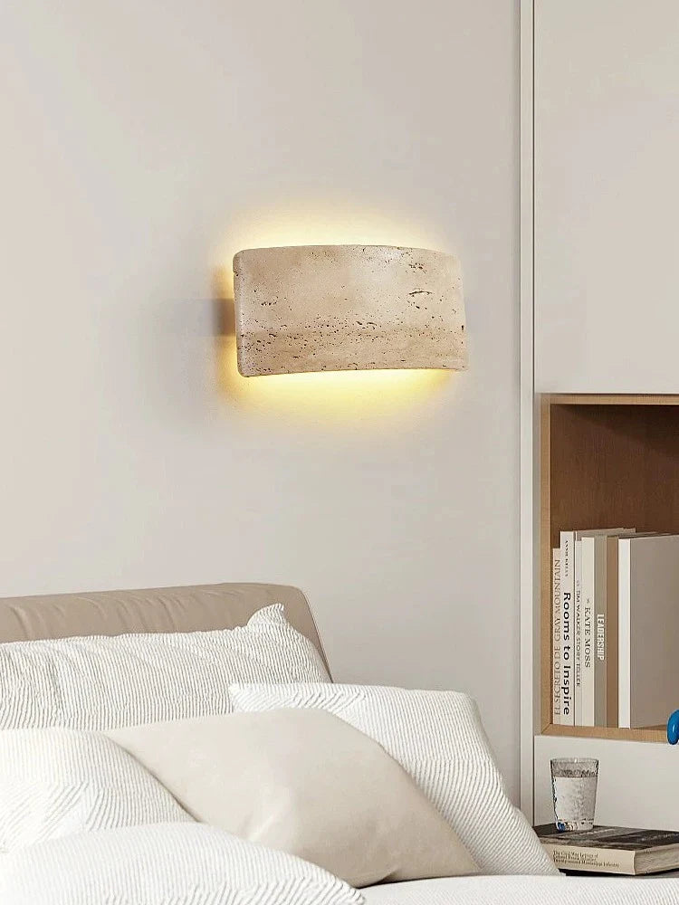 AuraGlow – Contemporary Wall Light Featuring Travertine and Glass