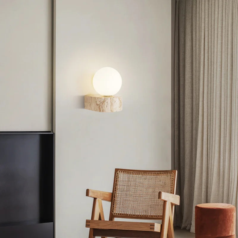 GlobeBeam – Modern Wall Lamp Made from Glass and Travertine