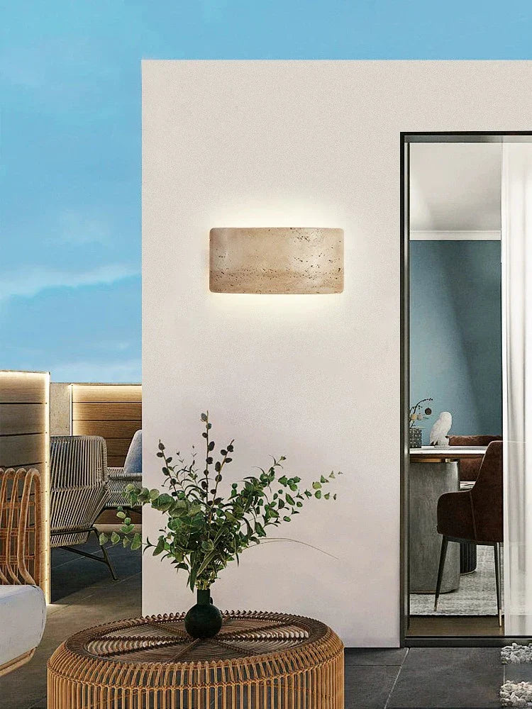 AuraGlow – Contemporary Wall Light Featuring Travertine and Glass