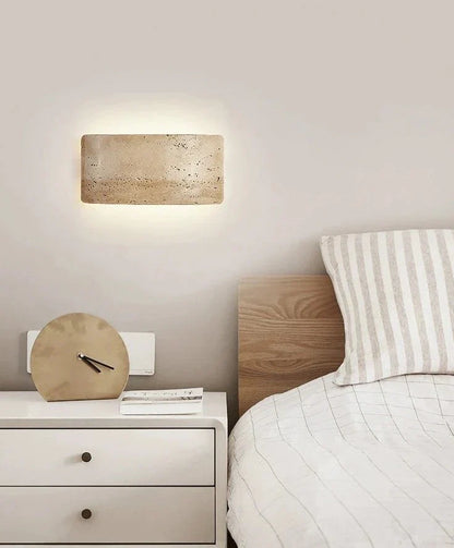 AuraGlow – Contemporary Wall Light Featuring Travertine and Glass