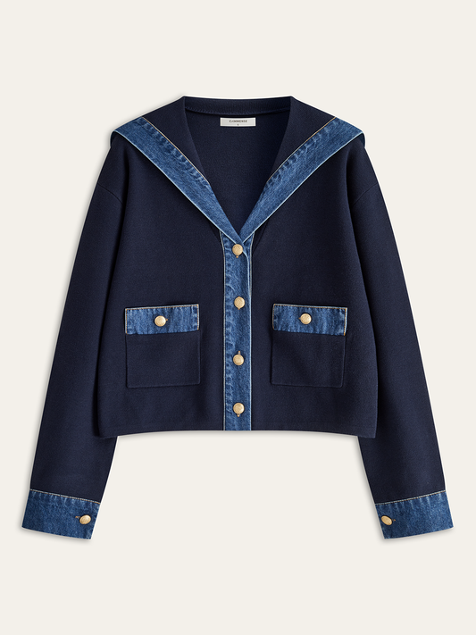 Sailor Collar Denim Trim Knit Outerwear 0