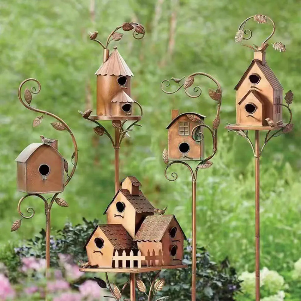 Elegant Metal Birdhouse with Pole for Garden Decoration – Durable and Weather-Resistant Bird House for Outdoor Spaces-2