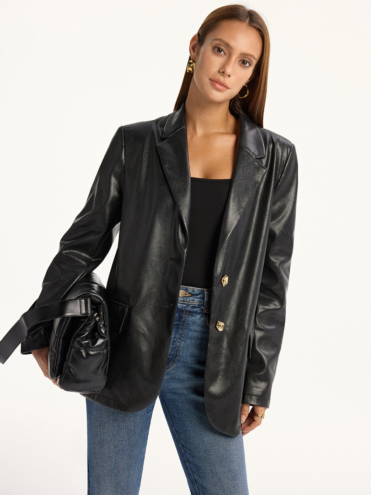 Snake Print Metal Button PU Leather Blazer 0