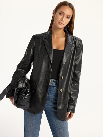 Snake Print Metal Button PU Leather Blazer 0