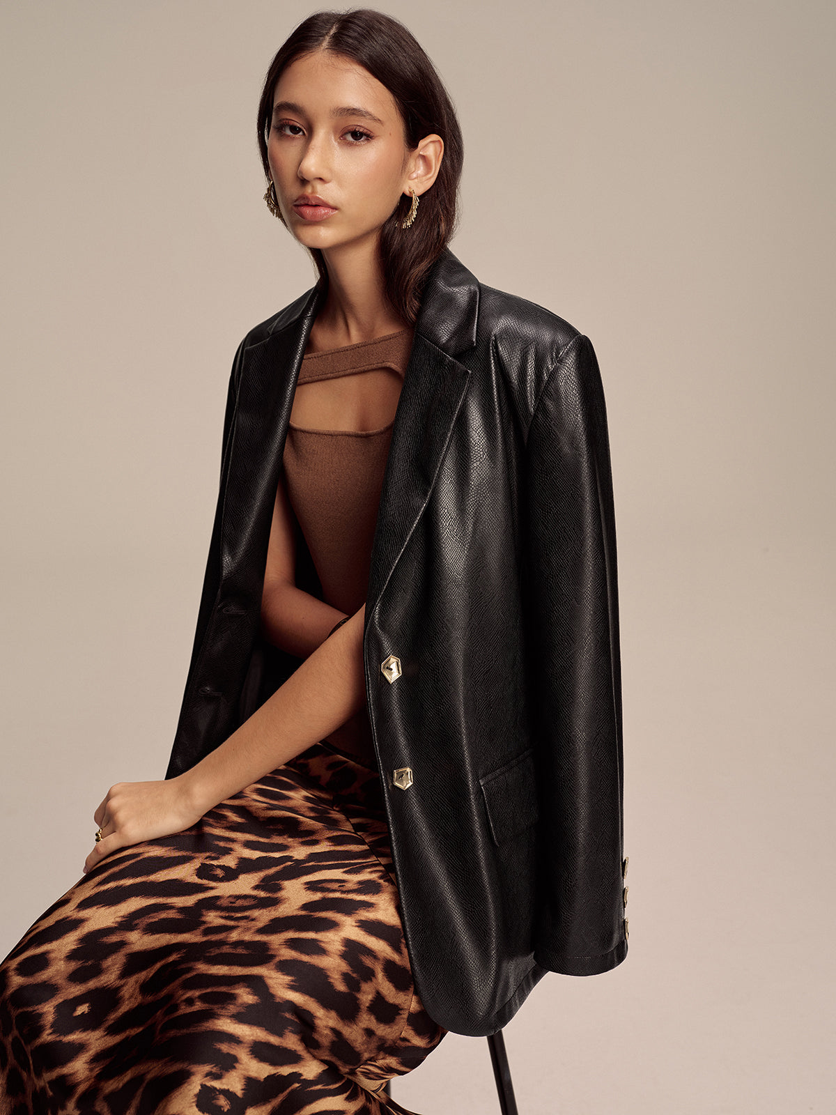 Snake Print Metal Button PU Leather Blazer 2