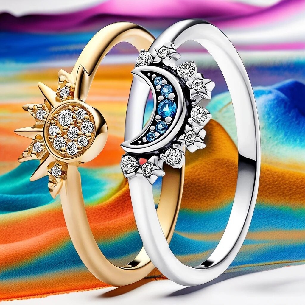 Sparkling moon-sun-silver crystal ring 4