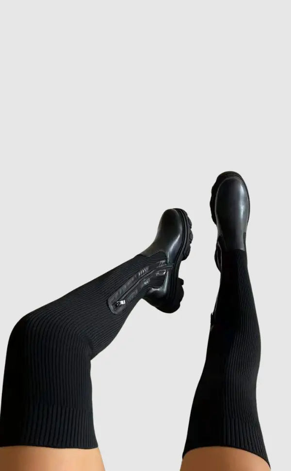 Stretch Knit Knee High Boots for Women - Comfortable Black Long Boots with Sleek Design 1