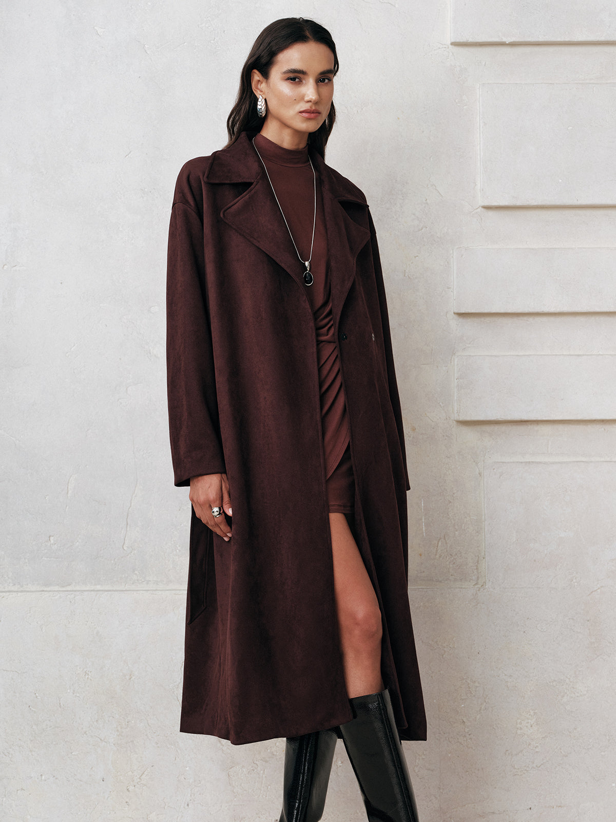 Suede Belted Long Trench Coat 1