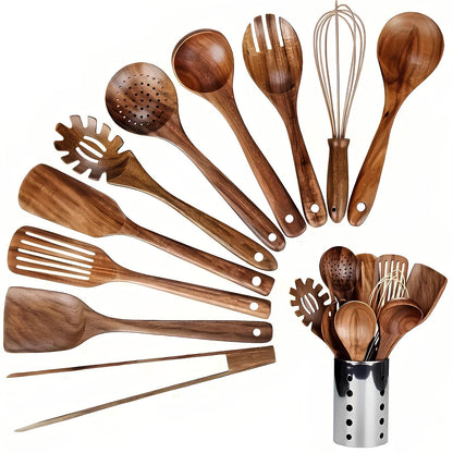 TeakElegance | Stylish Natural Teak 11-Piece Kitchen Utensil Set 0