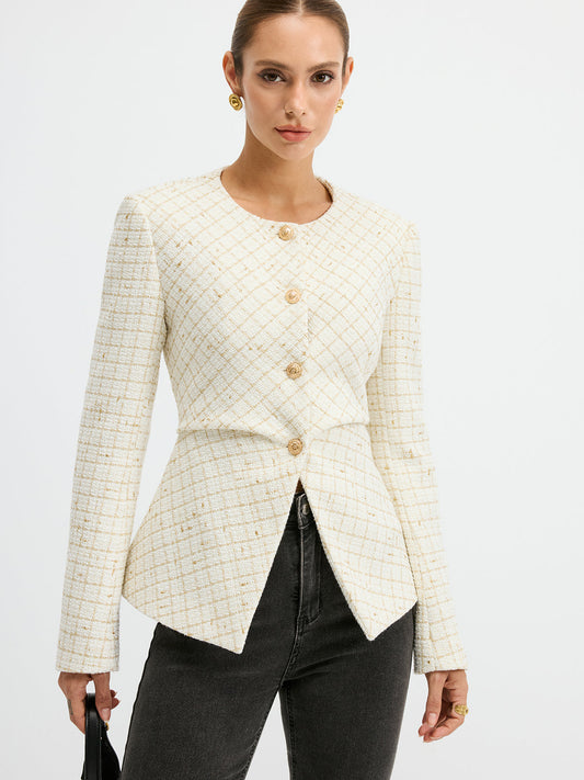 Tweed Round Neck Waist-Cinching Blazer 0