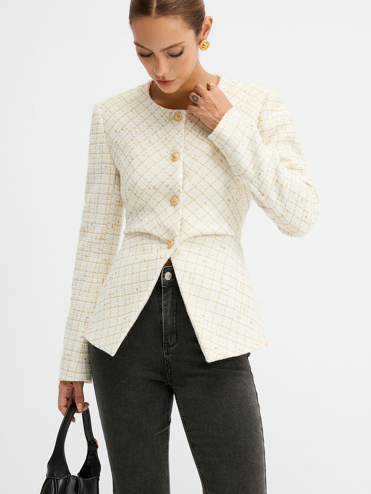 Tweed Round Neck Waist-Cinching Blazer 1