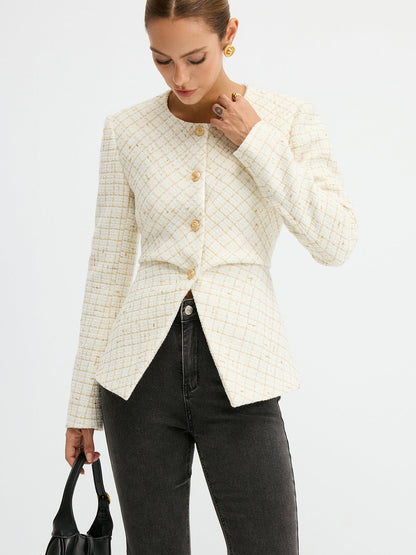 Tweed Round Neck Waist-Cinching Blazer 1