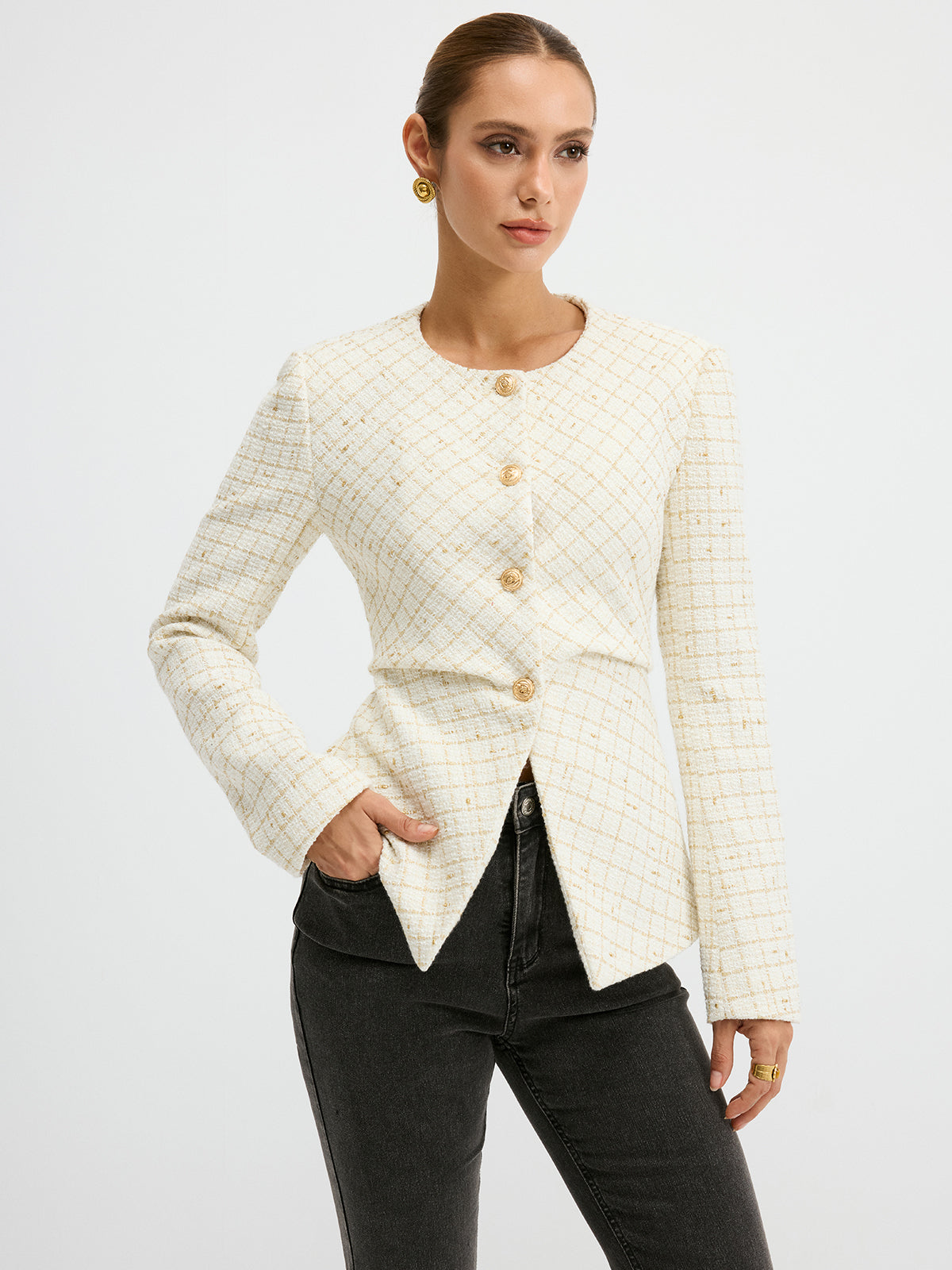 Tweed Round Neck Waist-Cinching Blazer 2