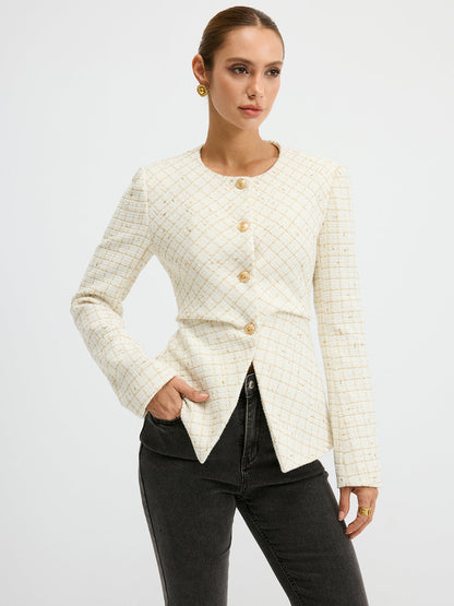 Tweed Round Neck Waist-Cinching Blazer 2